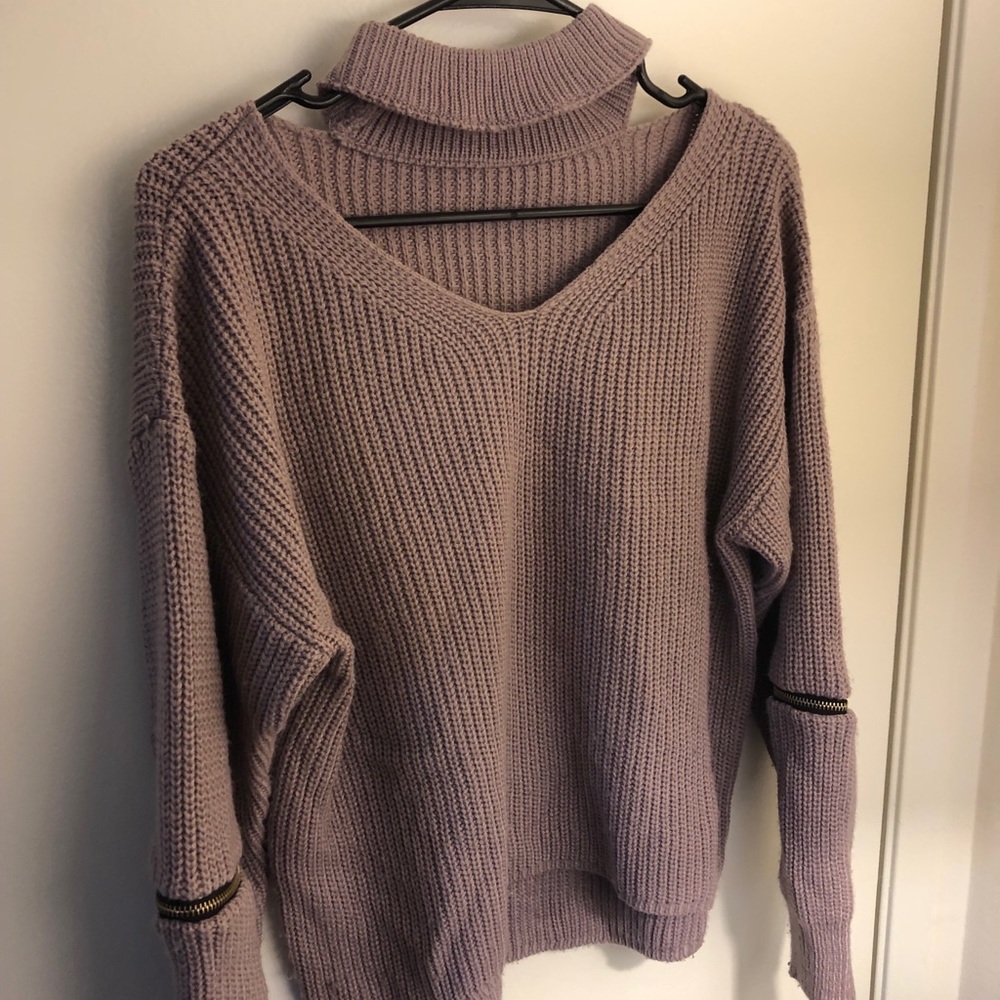 Lavender sweater with cut outneck/choker style